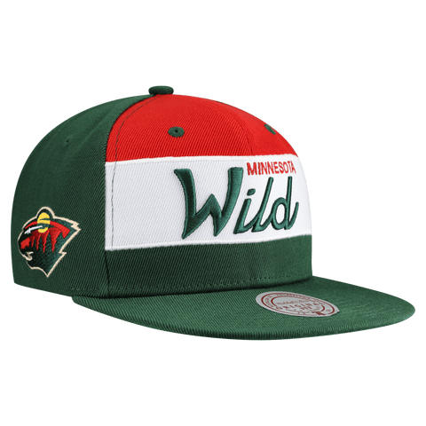 Men
s Mitchell 
Ness Green Minnesota Wild Retro Script Colorblock Snapback Hat