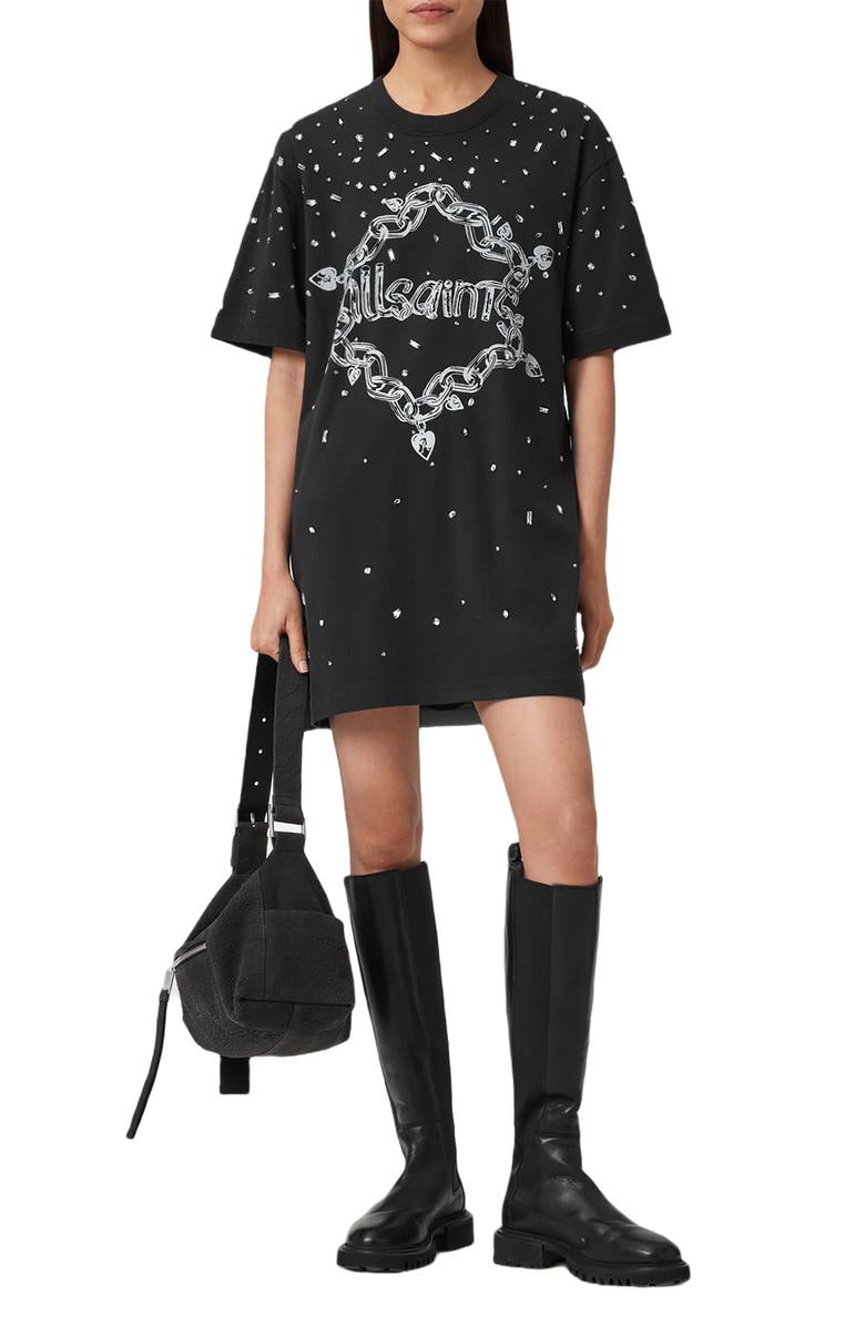 AllSaints Scattered Rhinestone Logo Cotton T-Shirt Dress, Alternate, color, Washed Black