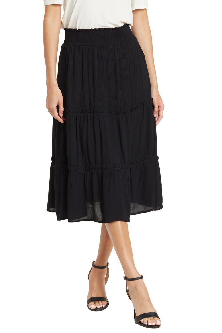 Smocked Waist Tiered High/Low Skirt, Main, color, BLACK 1