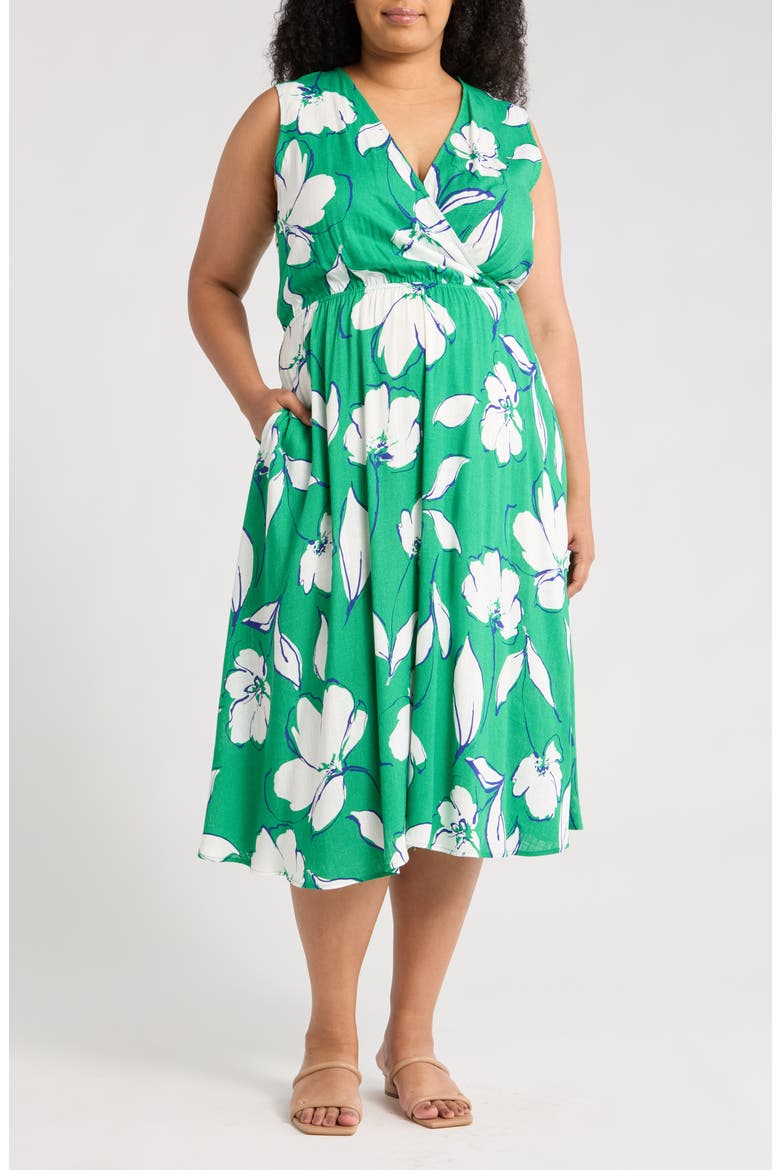Floral Sleeveless Faux Wrap Midi Dress, Main, color, GREEN/ WHITE