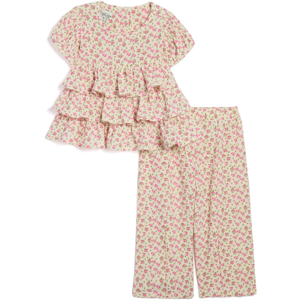 Shop Pippa & Julie Kids' Ruffle Tiered Top & Wide Leg Pants Set In Ivory Ditsy Floral
