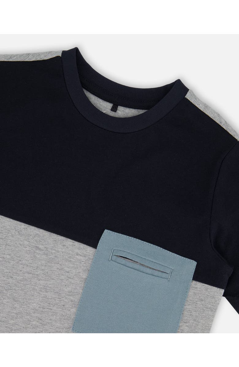 Deux par Deux Boy's Organic Cotton Colorblock Tee Gray, Navy And Teal, Alternate, color, 