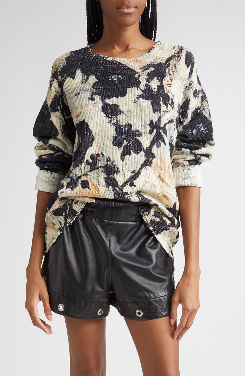 R13 Distressed Floral Cotton Sweater, Main, color, Black And Cream Floral