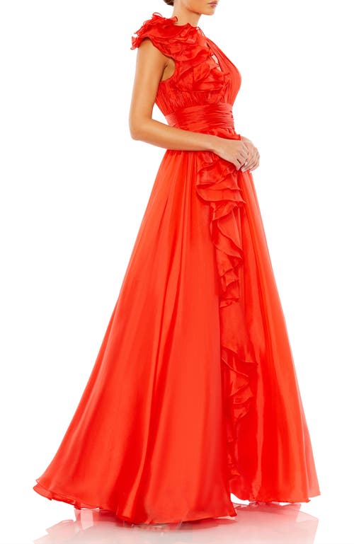Mac Duggal Ruffle Shoulder V-neck Chiffon Gown In Cherry