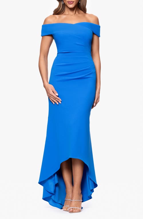 Xscape Evenings Cold Shoulder Handkerchief Hem Scuba Crepe Gown In Blue