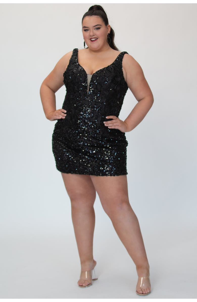 Sydney's Closet Sequin & 3D Floral Lace Mini Party Dress, Main, color, Onyx