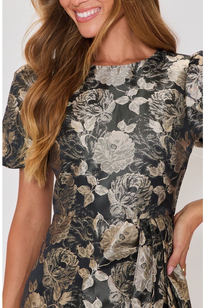 Holly Floral Brocade Pleated Drape Minidress, Alternate, color, BLACK/ GOLD