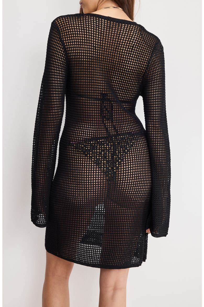 Long Sleeve Open Stitch Cover-Up Minidress, Alternate, color, BLACK001