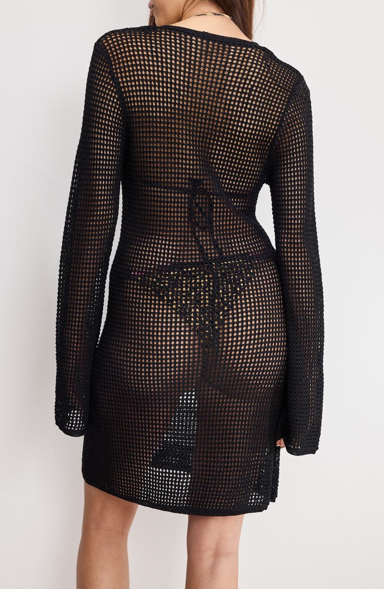 Good American Long Sleeve Open Stitch Cover-Up Minidress, Alternate, color, Black001