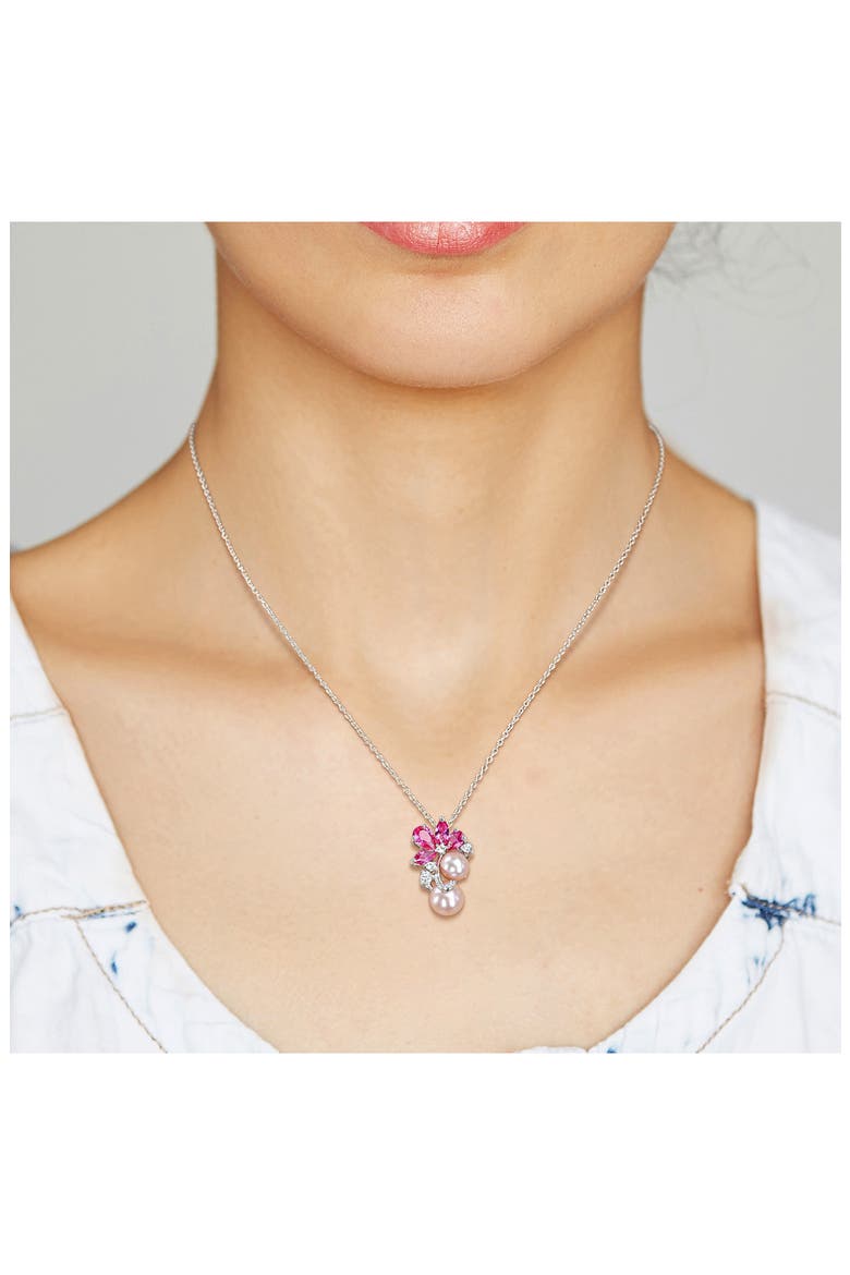 Pink Cultured Freshwater Pearl & Lab Grown Sapphire Flower Necklace & Earrings Set, Alternate, color, PINK