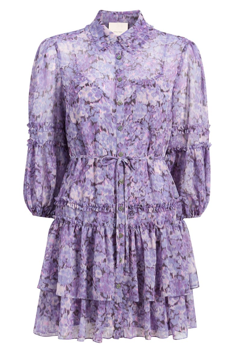 Painted Hydrangea Marsea Ruffle Chiffon Shirtdress, Alternate, color, LILAC WINE MULTI