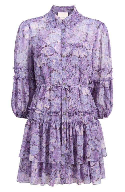 Cinq À Sept Painted Hydrangea Marsea Ruffle Chiffon Shirtdress In Lilac Wine Multi