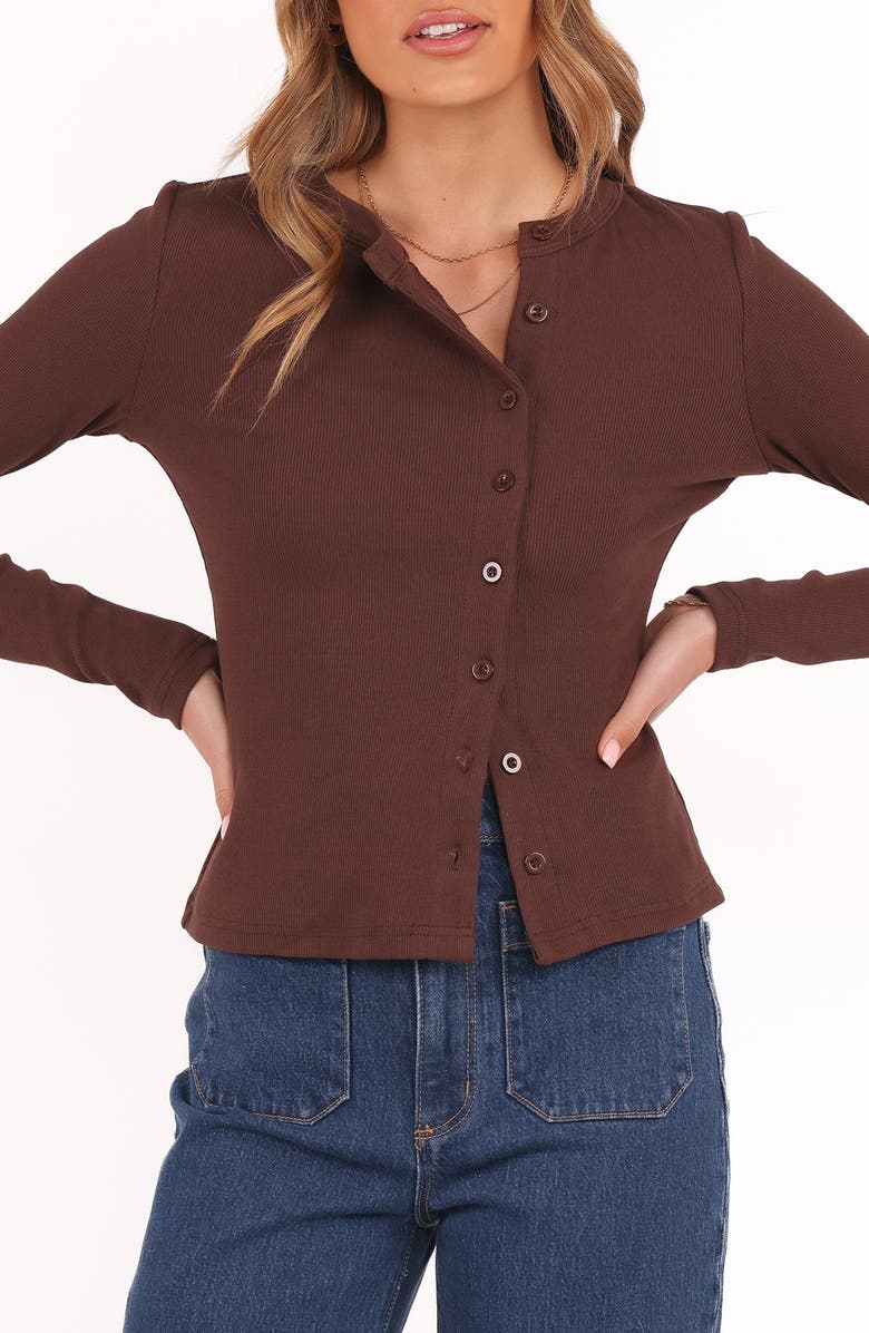 Petal & Pup Cass Rib Stretch Cotton Button-Up Shirt, Main, color, Chocolate Brown