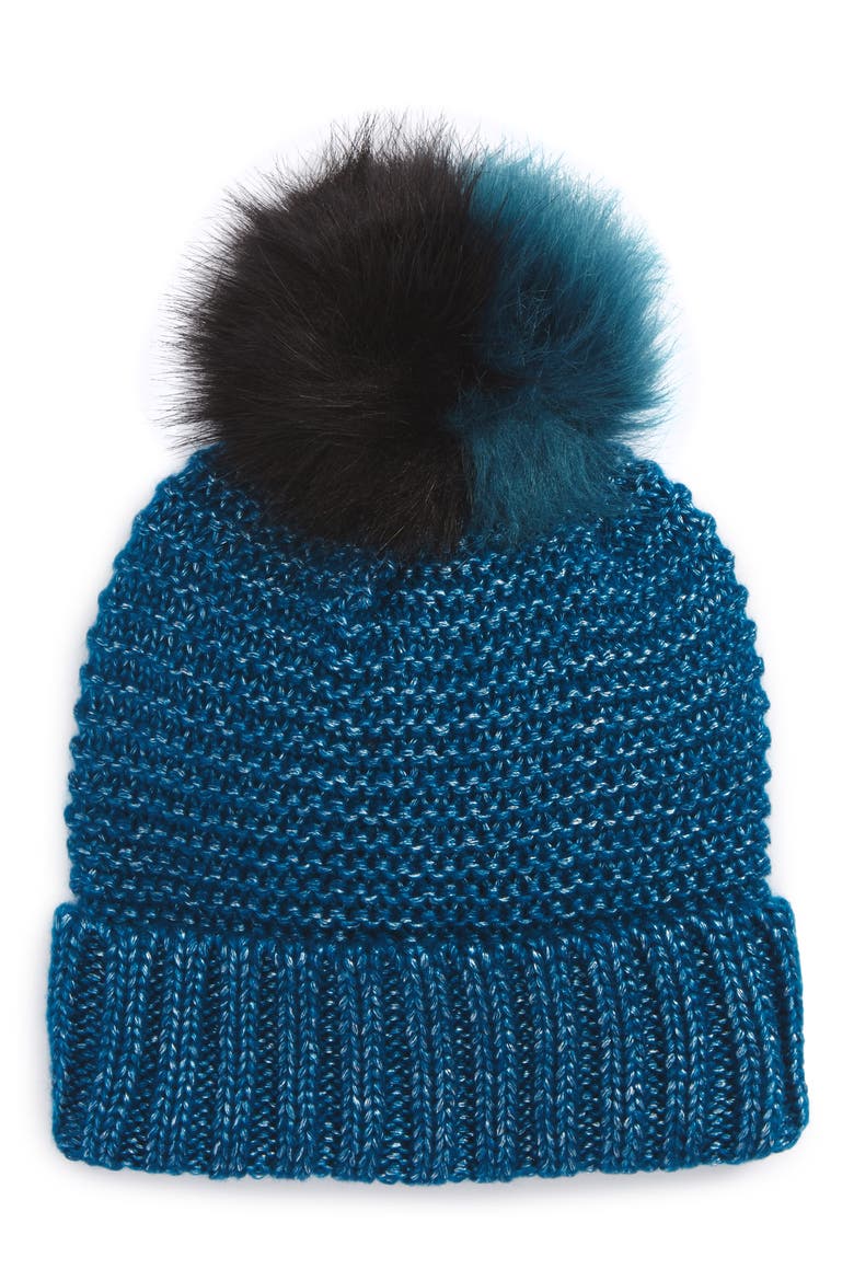 Faux Fur Pompom Beanie, Main, color, BLUE