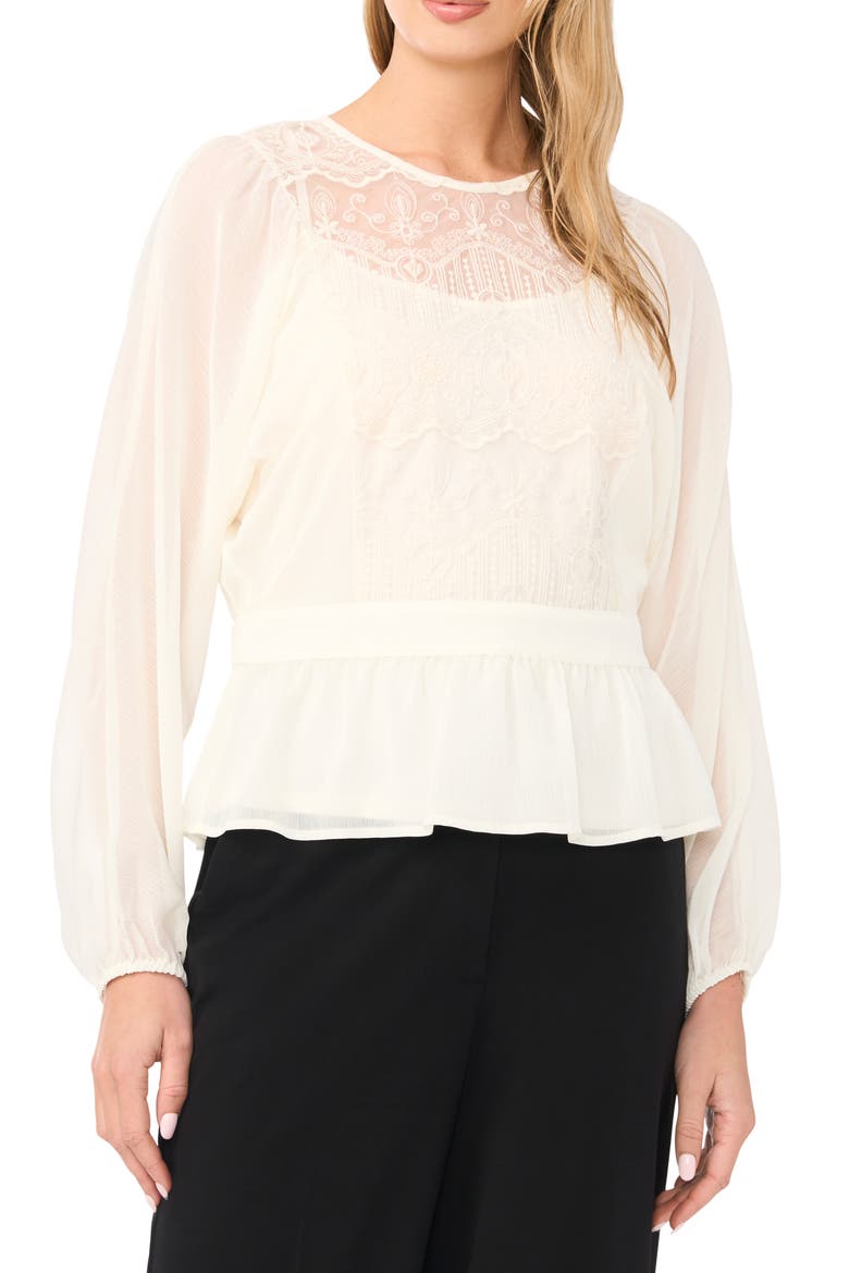 Embroidered Mesh Yoke Peplum Top, Main, color, TOASTED IVORY