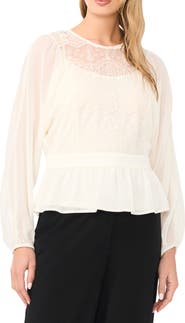 Vince Camuto Embroidered Mesh Yoke Peplum Top