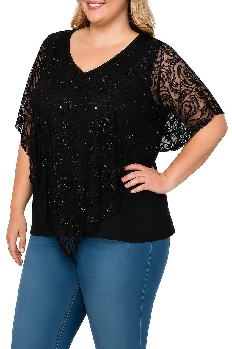 Sequin Poncho Top, Alternate, color, BLACK