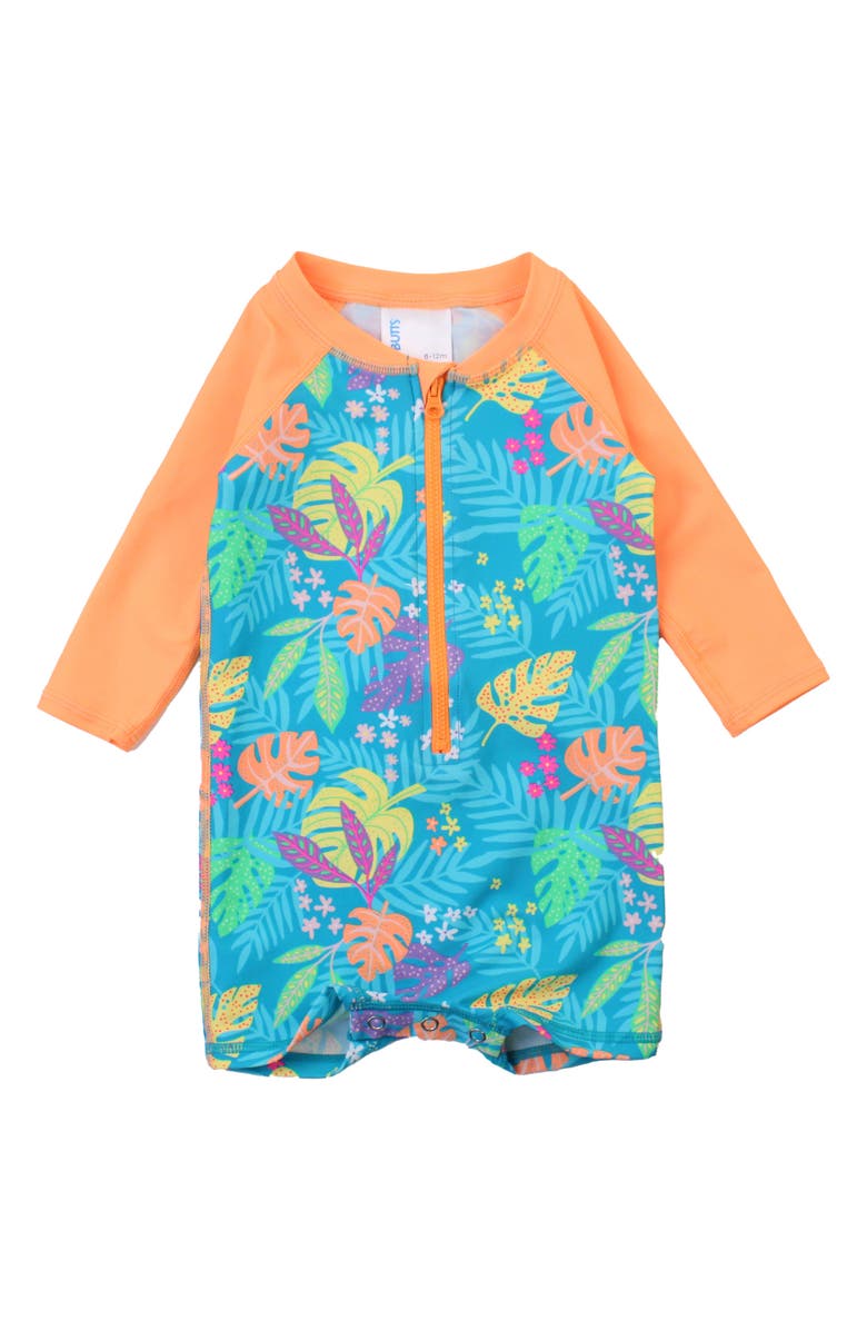 RuggedButts Neon Tiki Vibes Long Sleeve One-Piece Rashguard Swimsuit, Main, color, Blue