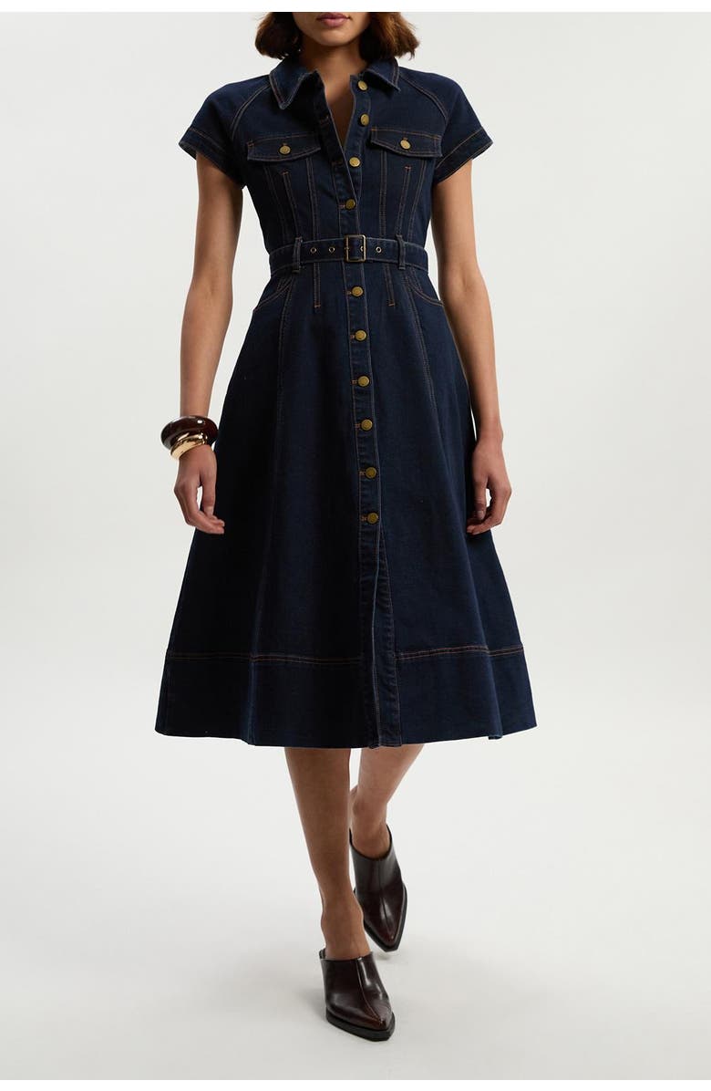 Karen Millen Petite Denim Corset Midi Dress, Alternate, color, Dark Blue