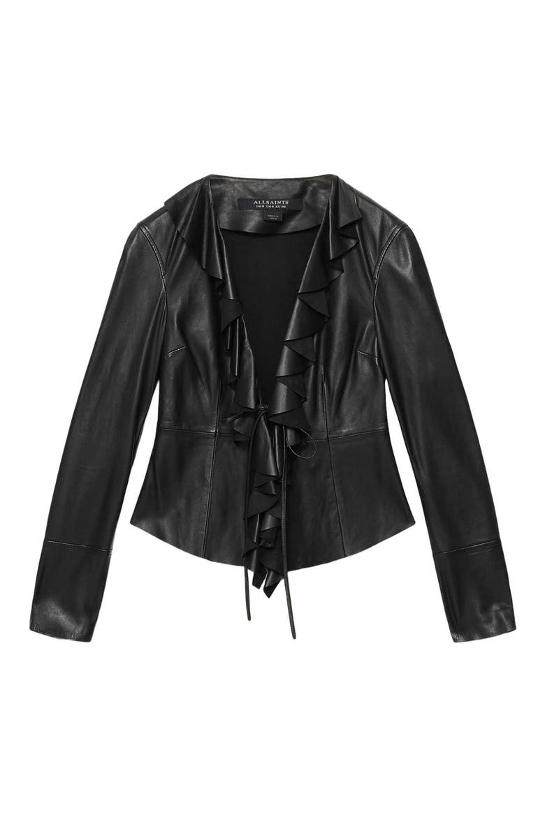 Luana Ruffled Leather Shirt, Alternate, color, BLACK