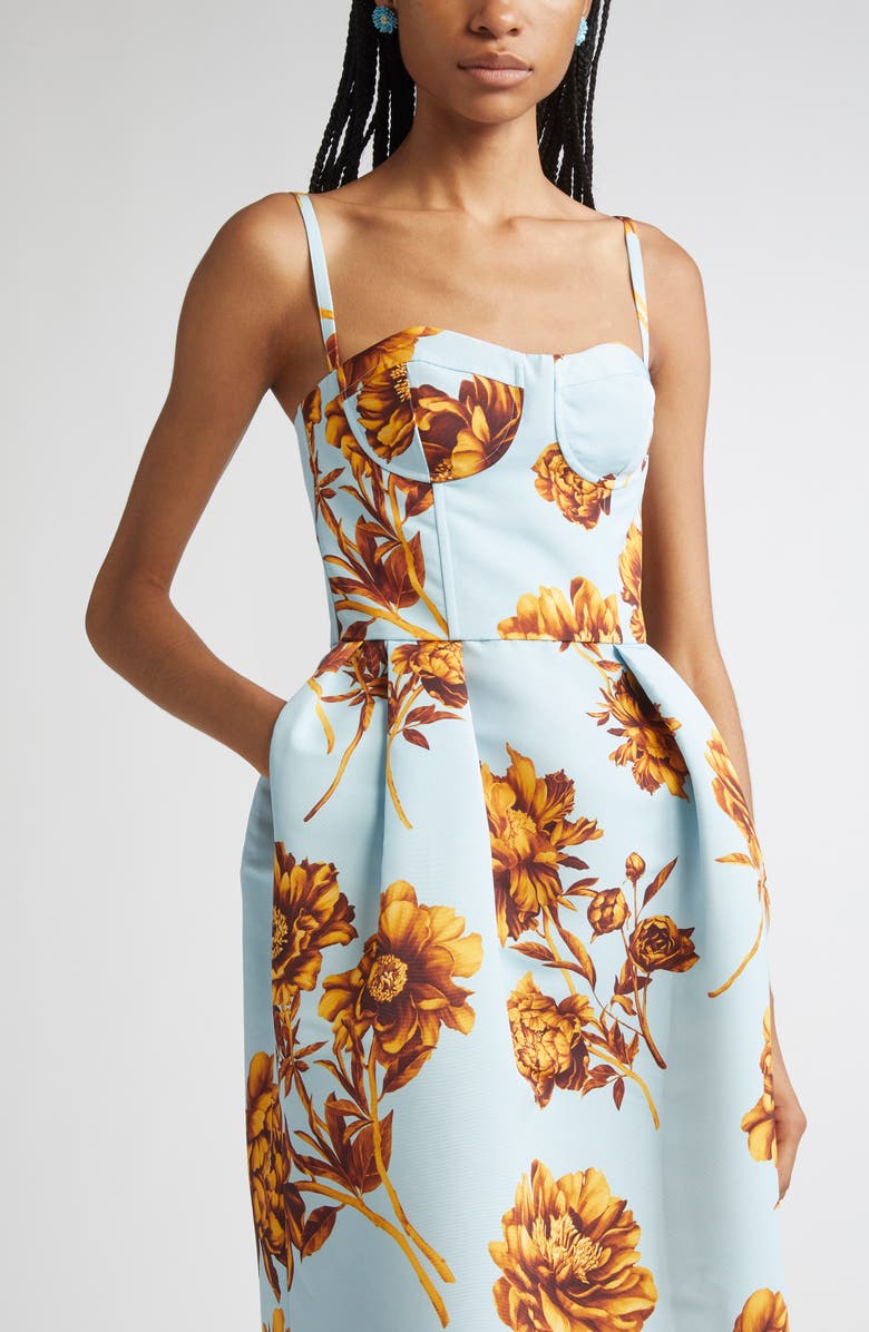 Oscar de la Renta Tonal Peony Print Faille Bustier Gown, Alternate, color, Brown/ Ice Blue