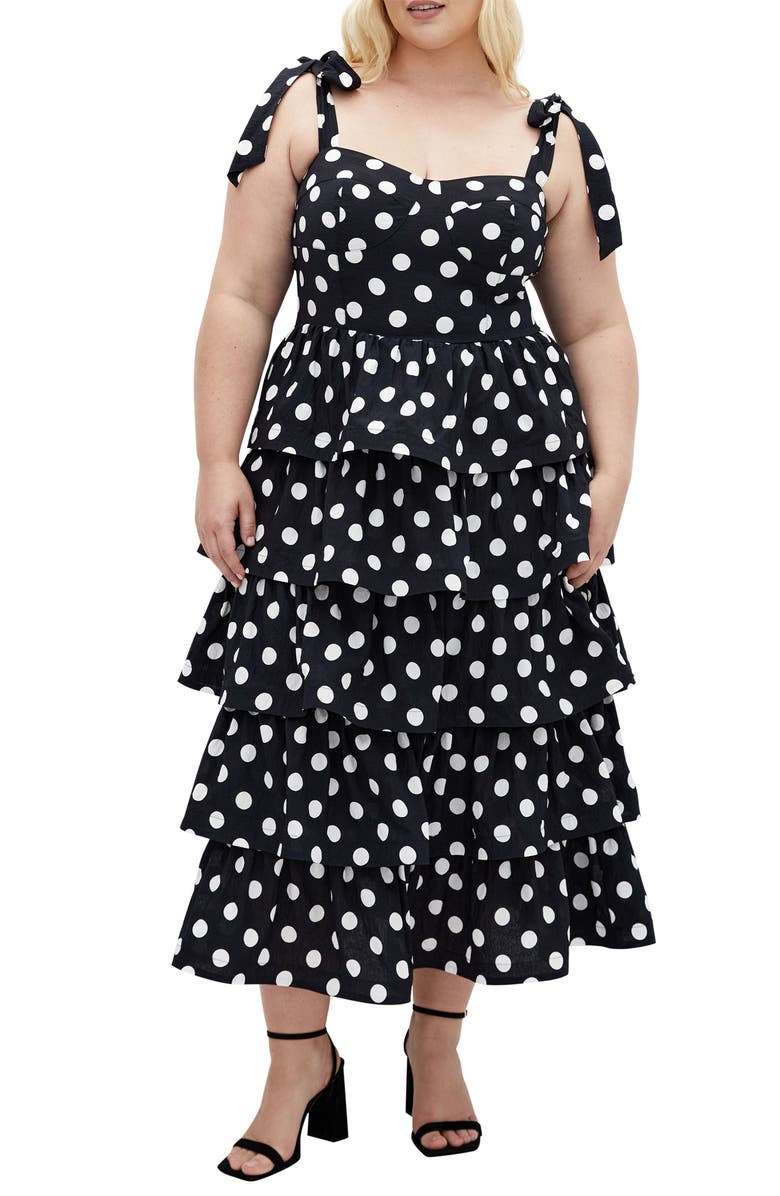 City Chic Elina Polka Dot Tie Strap Tiered Midi Dress, Main, color, 
