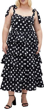 City Chic Elina Polka Dot Tie Strap Tiered Midi Dress