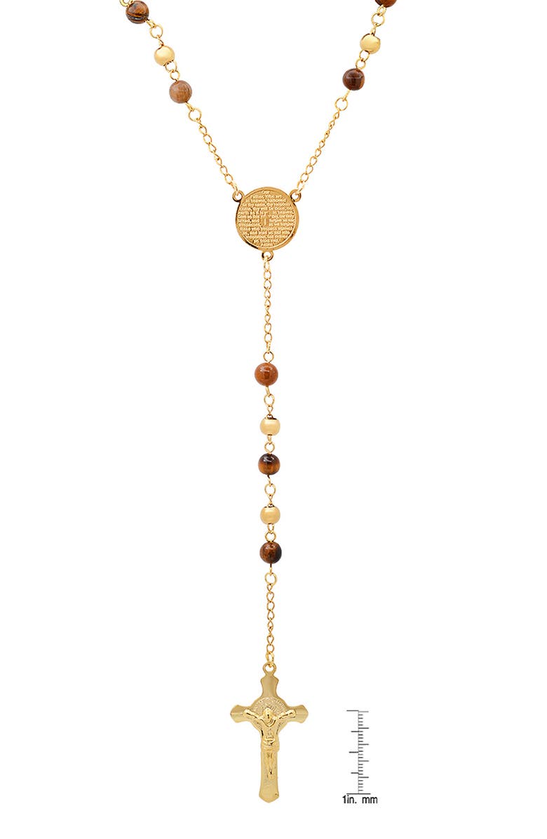 HMY JEWELRY Mens' 18K Gold Plate Stainless Steel Crystal Rosary Necklace, Alternate, color, Brown/ Gold