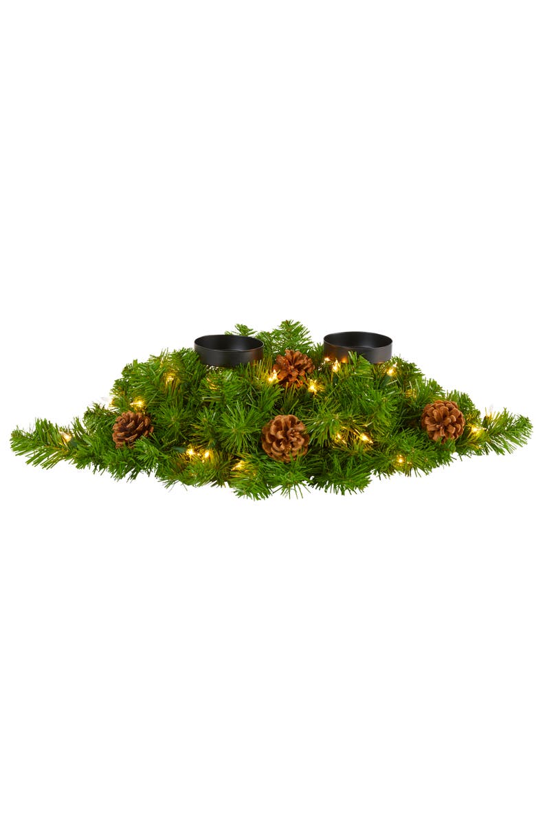 NEARLY NATURAL 24-in Artificial Christmas Double Candelabrum with 35 Warm White Lights and Pine Cones, Main, color, Green