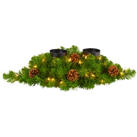 24-in Artificial Christmas Double Candelabrum with 35 Warm White Lights and Pine Cones