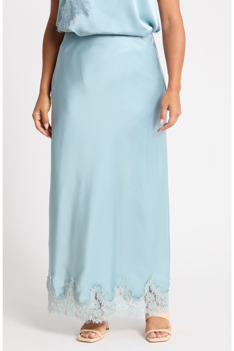 Lace Hem Satin Maxi Skirt, Main, color, DUSTY BLUE