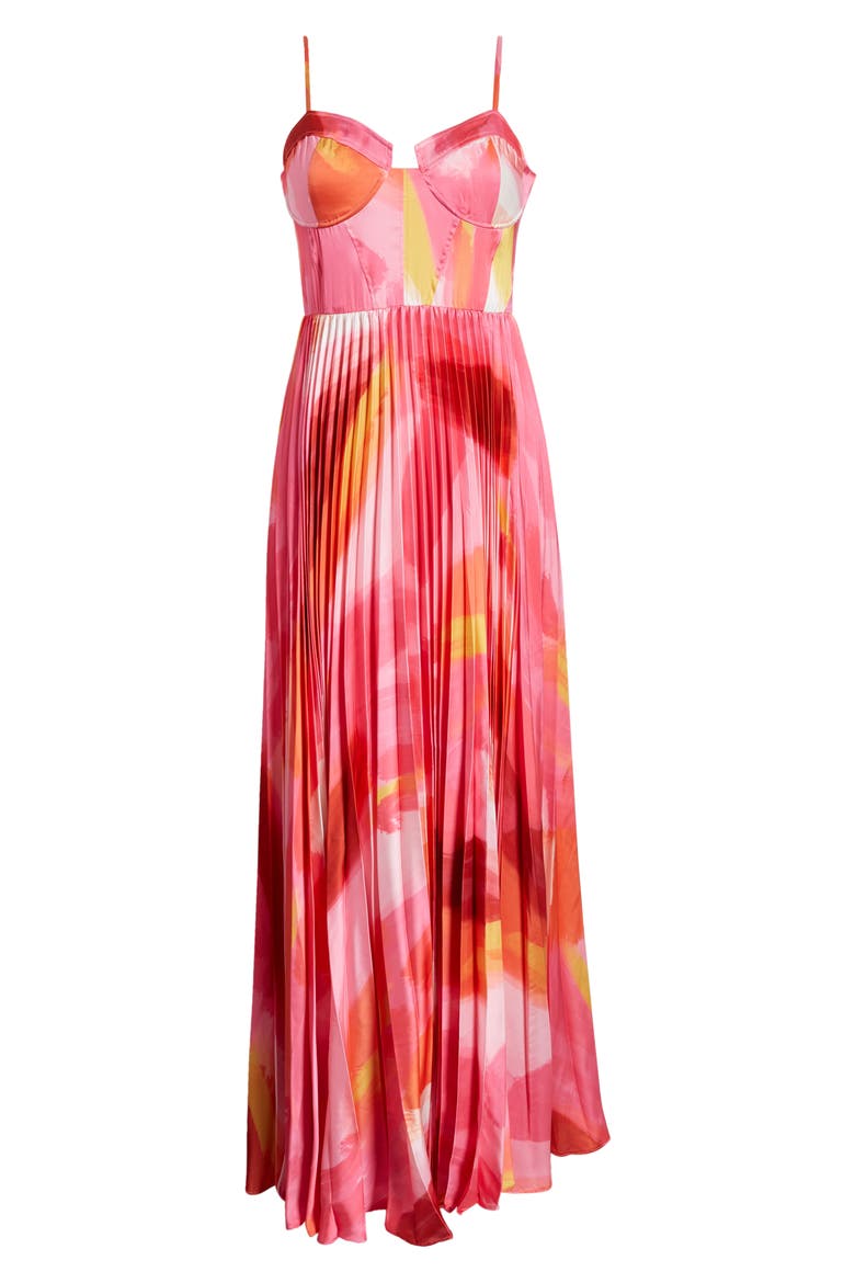 Mali Bustier Pleated Satin Gown, Alternate, color, PINK BRUSHSTROKE SATIN