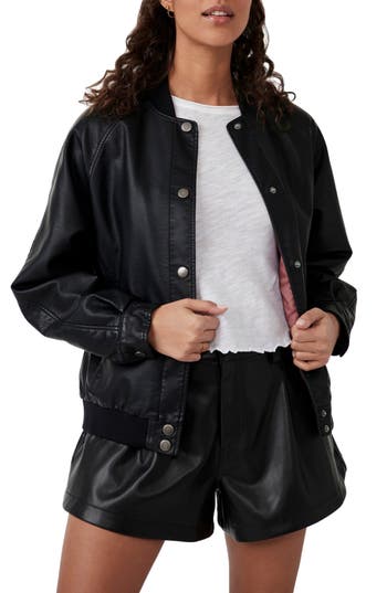Free People Wild Rose Faux Leather Bomber Jacket In Black