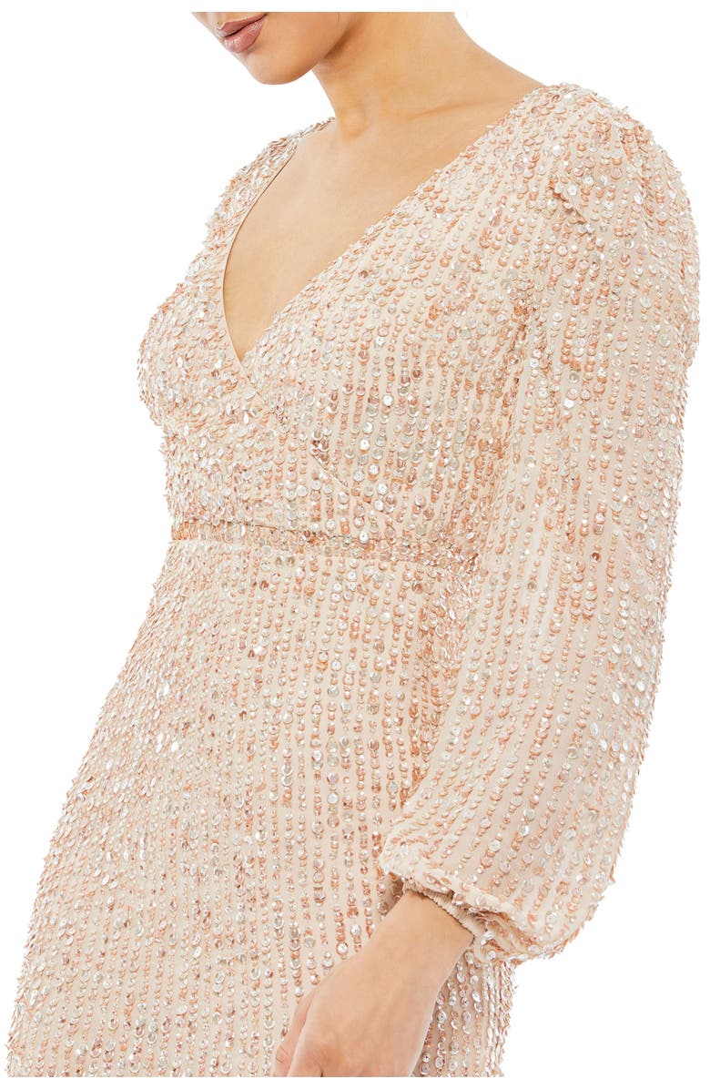 Mac Duggal Sequin Faux-Wrap Cocktail Dress with Puff-Shoulder Sleeves & Midi Skirt, Alternate, color, Nude