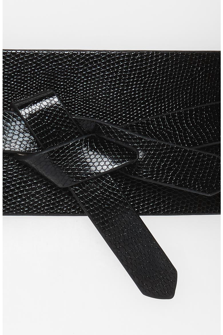 Tie Front Snake Embossed Faux Leather Stretch Belt, Alternate, color, BLACK