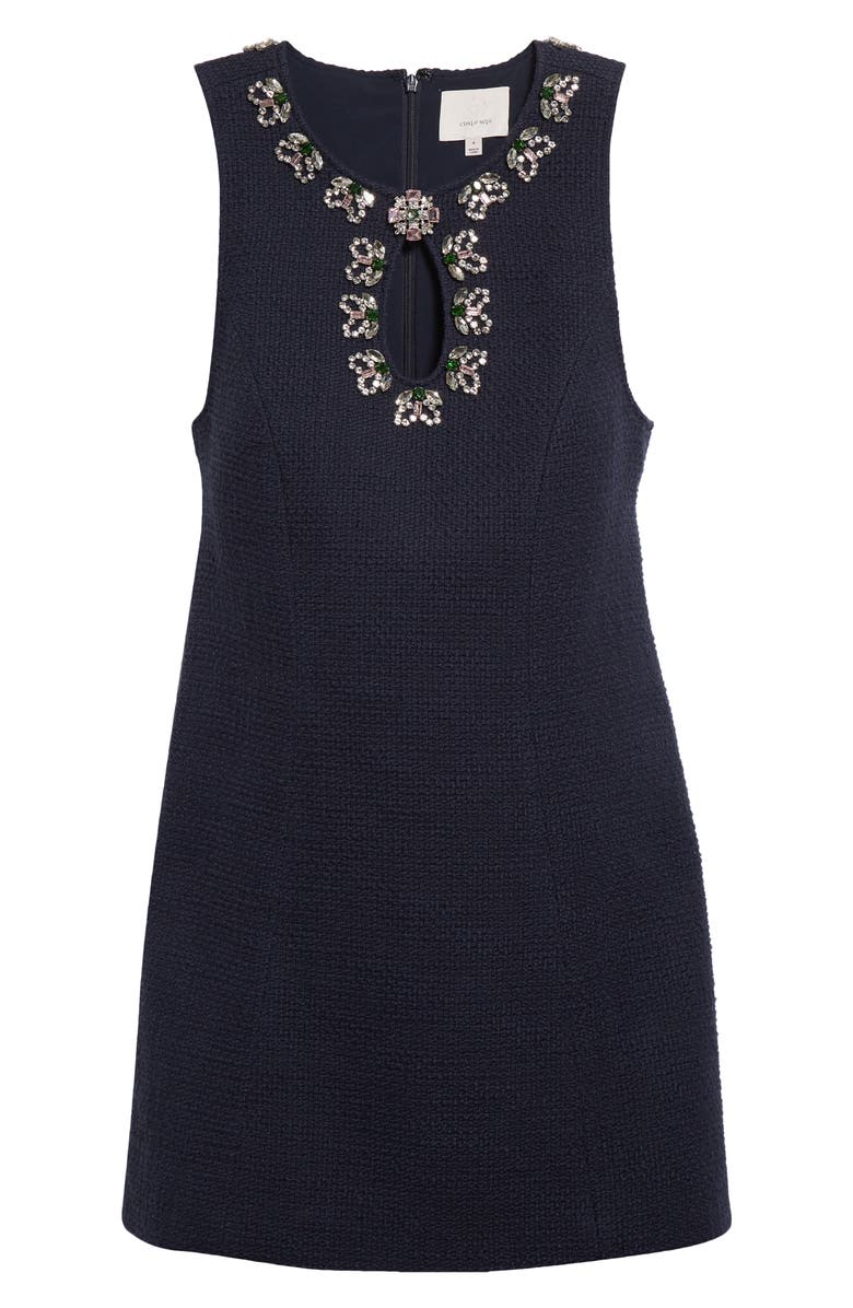 Cinq à Sept Franchelle Crystal Embellished Tweed Minidress, Alternate, color, Navy