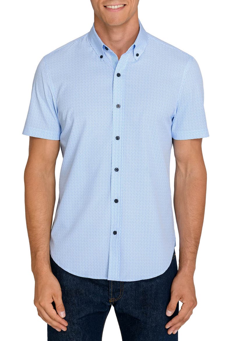 Geometric Short Sleeve Button-Up Shirt, Main, color, WHITE/ BLUE