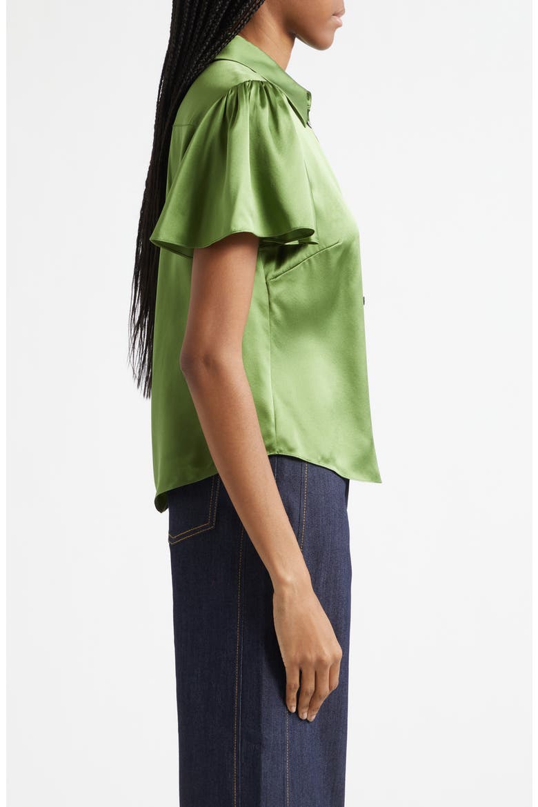 Fiona Flutter Sleeve Silk Satin Button-Up Shirt, Alternate, color, KALE