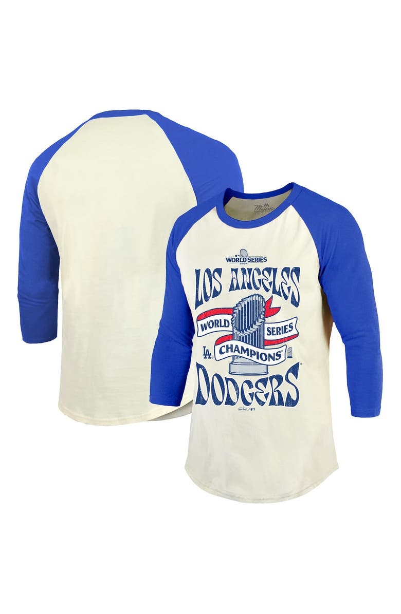 Majestic Threads Men's Majestic Threads Cream/Royal Los Angeles Dodgers 2024 World Series Champions 3/4-Sleeve Raglan Tri-Blend T-Shirt, Main, color, 