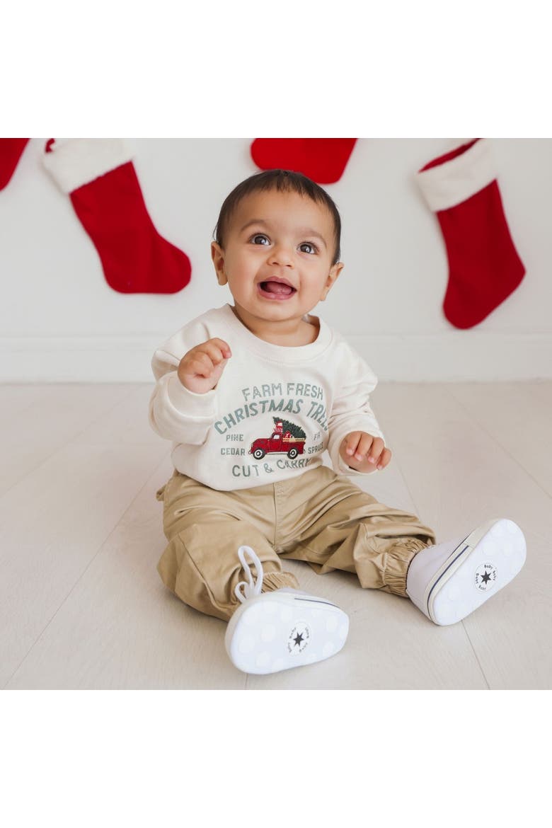 Farm Fresh Christmas Tree Patch Long Sleeve Romper, Alternate, color, Natural