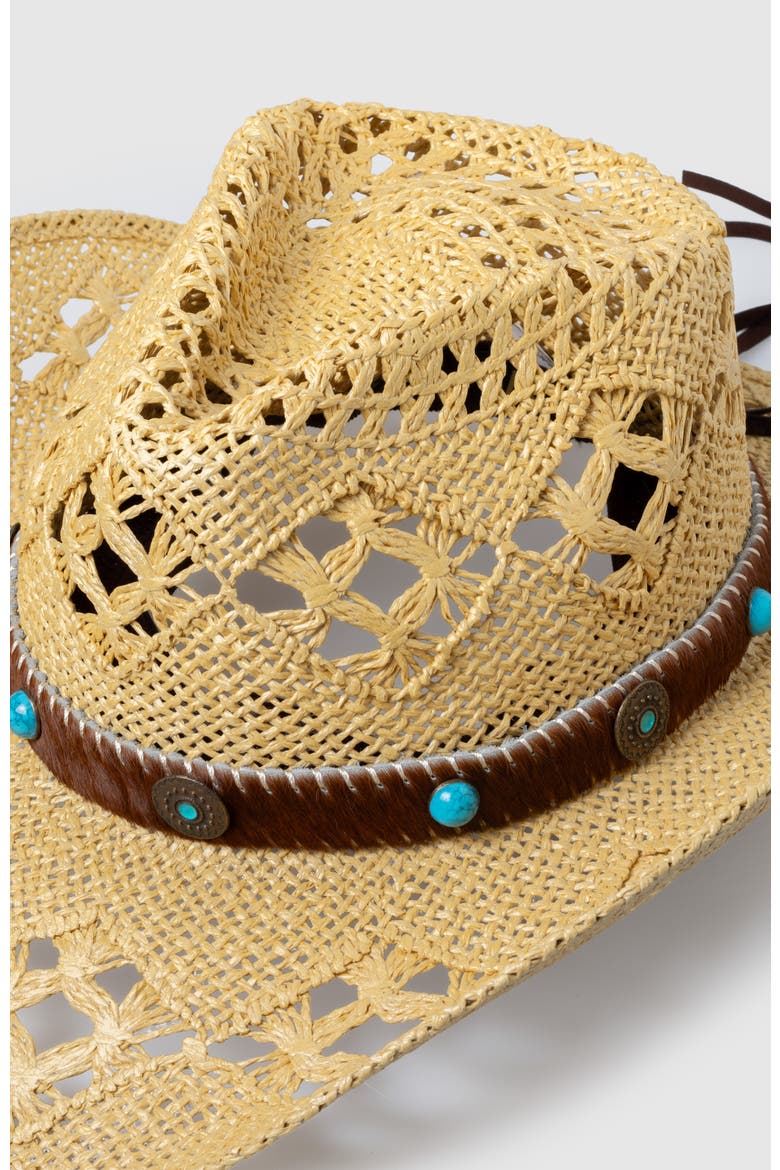 Twister Ranch  Handwoven Straw Sun Hat - Bohemian Summer Cowboy Hat, Alternate, color, Ochre / Turquoise