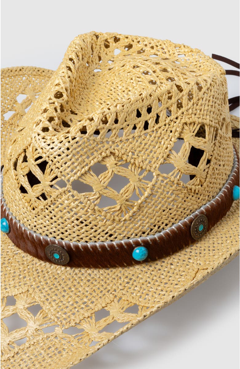 Manela Twister Ranch  Handwoven Straw Sun Hat - Bohemian Summer Cowboy Hat, Alternate, color, Ochre / Turquoise