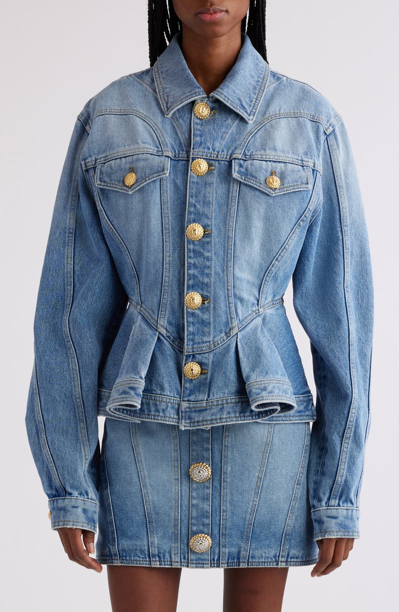 Balmain Peplum Denim Jacket, Main, color, 