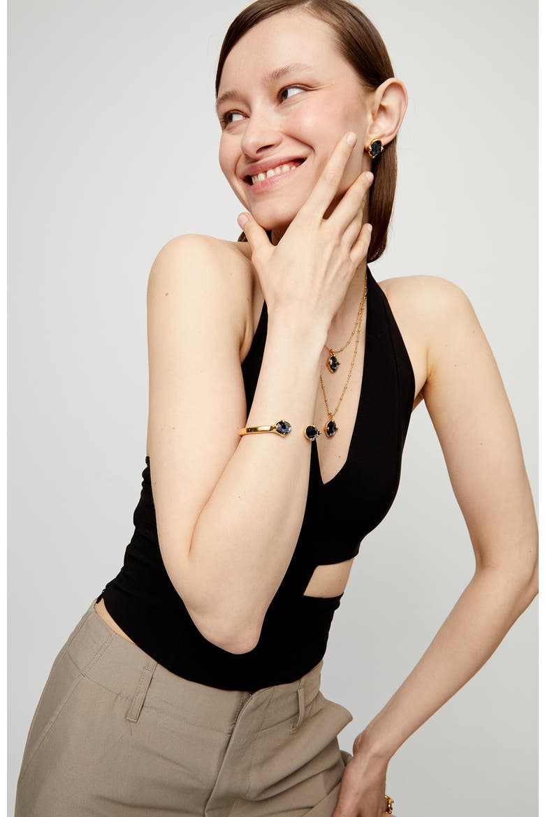 Rigid Bracelet Plated In 18K Gold And Black Faceted Crystals, Alternate, color, Gold