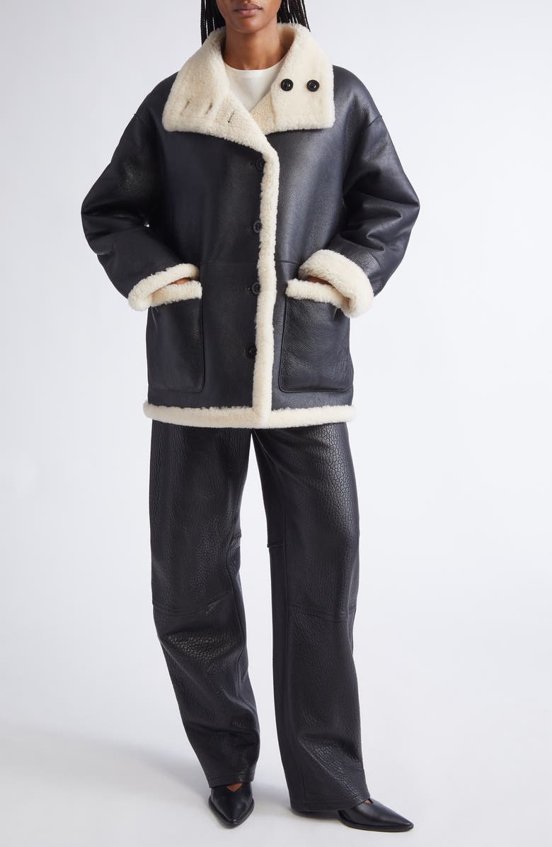 Stand Studio Heather Reversible Genuine Shearling Coat, Alternate, color, Black/ Off White