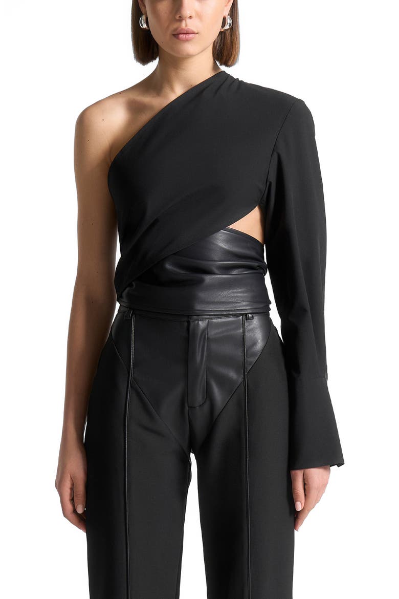Coralie One Sleeve Leather Wrap Top, Alternate, color, Black