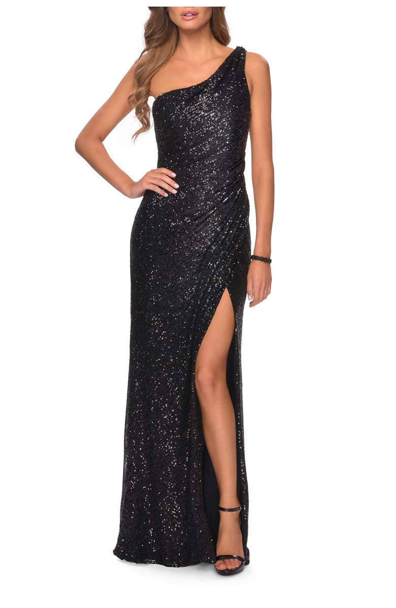 La Femme Long Sequin One Shoulder Ruched Prom Dress, Main, color, Black