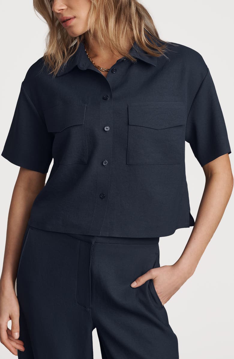 Rhone Horizon Crop Button-Up Shirt, Main, color, Navy Blue