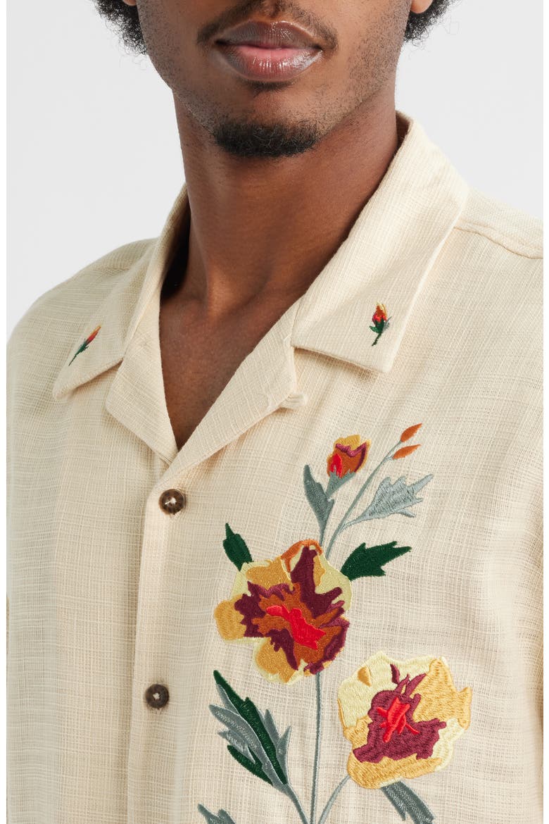 Oversize Floral Embroidered Camp Shirt, Alternate, color, TAN