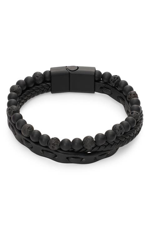Men's Woven Leather and Beaded Multistrand Bracelet